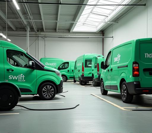 Verdant Swift fleet vehicles efficiently charging at a modern, solar-powered depot facility
